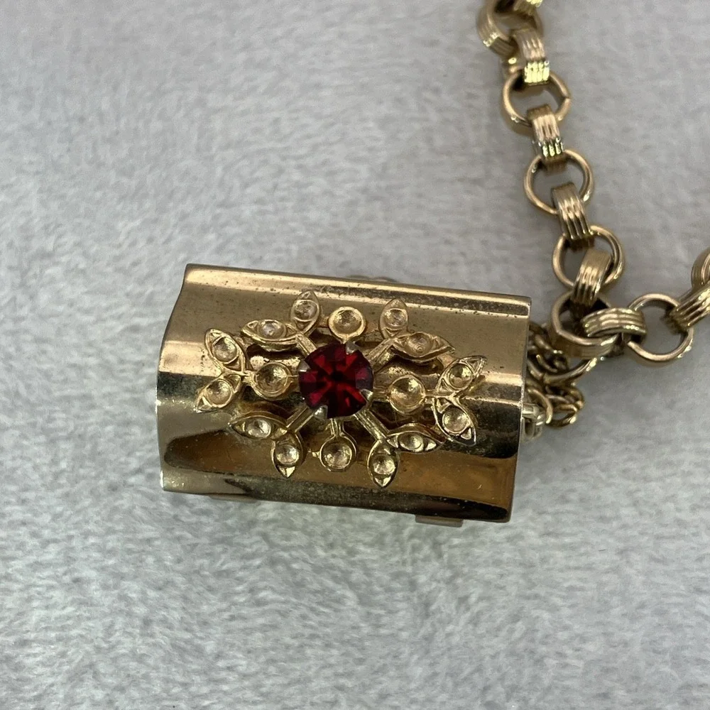 Vintage Charm Bracelet Red Crystal Treasure Chest Opens Whimsical Kitschy Quirky